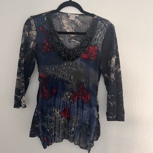 Alberto Makali Blue Red Printed Beaded Top Size Small